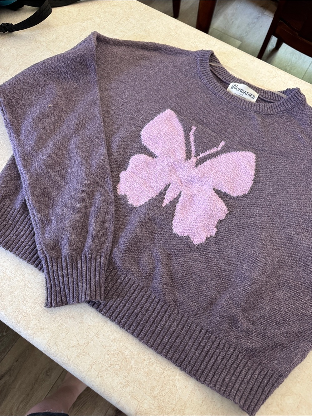 No Boundaries Purple Crewneck Sweater with Pink Butterfly